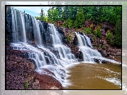 Stany Zjednoczone, Minnesota, Wodospady, Waterfalls Middle Falls, Rzeka, Gooseberry River, Skały, Drzewa