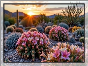 Pustynia, Kwitnące, Kaktusy, Zachód słońca, Grafika, USA, Tucson, Sonora