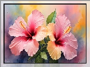 Różowe, Kwiaty, Hibiskus, Grafika