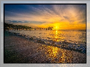 Wschód słońca, Morze, Molo, Plaża, Malibu, Kalifornia, Stany Zjednoczone