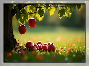 Drzewo, Jabłka, Trawa, Owoce, Grafika AI