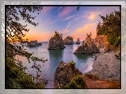 Morze, Skały, Brzeg, Drzewa, Niebo, Zachód słońca, Park stanowy, Samuel H Boardman State Scenic Corridor, Oregon, Stany Zjednoczone