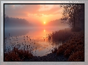 Wschód słońca, Jezioro, Mgła, Drzewa, Rośliny