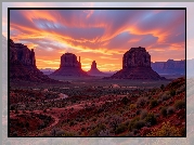 Stany Zjednoczone, Arizona, Wyżyna Kolorado, Dolina Skał, Monument Valley, Skały, Zachód słońca, AI