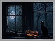 Halloween, Kot, Dynie, Księżyc, Okno