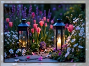 Dwa, Świecące, Lampiony, Różowe, Tulipany, Białe, Kwiaty