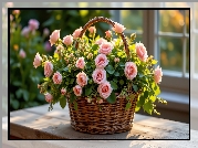 Kwiaty, Róże, Różowe, Koszyk, Stół, Okno