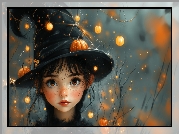 Dziewczynka, Kapelusz, Dynie, Halloween, AI