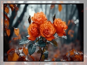 Pomarańczowe, Róże, Liście