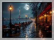 Bulwar, Restauracja, Latarnie, Deszcz, Noc, Paryż, Francja, Grafika AI