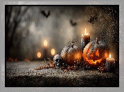 Czaszka, Dynie, Świece, Pajęczyna, Halloween, Grafika AI