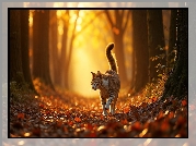 Kot, Las, Ścieżka, Jesień, Grafika AI