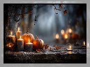 Świece, Dynie, Pajęczyny, Halloween, Grafika AI