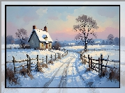 Zima, Drzewo, Dom, Ogrodzenie, Droga