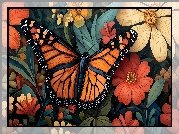 Pomarańczowy, Motyl, Kwiaty, Listki, Grafika 2D