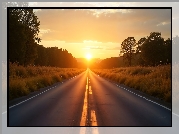 Droga, Zachód słońca, Drzewa, AI