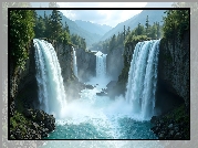 Góry, Rzeka, Wodospady, Skały, AI