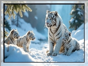 Białe, Tygrysy, Zima, Śnieg, Tygrysica, Trzy, Tygrysiątka, Gałązki, Iglaste, Grafika AI