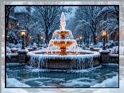 Zima, Fontanna, Latarnie, Ośnieżone, Drzewa, Kamienice