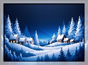 Zima, Drzewa, Śnieg, Wieś, Domy, Noc, Grafika