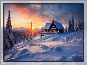 Zima, Dom, Góry, Zachód słońca, Drzewa