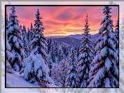 Zima, Zachód słońca, Kolorowe, Niebo, Ośnieżone, Drzewa, Góry