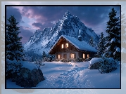 Zima, Oświetlony, Dom, Góry, Wieczór, Grafika AI