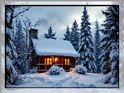 Zima, Oświetlony, Dom, Drzewa, Dym, Grafika AI