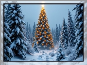 Zima, Las, Ośnieżone, Świerki, Rozświetlona, Choinka, Śnieg, Boże Narodzenie, AI