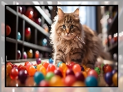 Puszysty, Kot, Kolorowe, Kulki