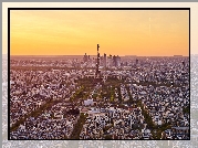 Wieża Eiffla, Miasto, Zachód słońca, Paryż, Francja