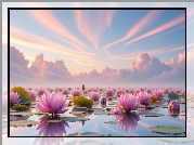 Kolorowe, Niebo, Chmury, Różowe, Kwiaty, Lilie wodne