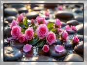 Róże, Różowe, Kwiaty, Kamienie, Woda, Grafika AI