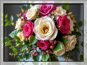 Kwiaty, Róże, Białe, Różowe, Bukiet, AI