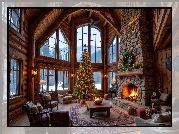 Zima, Salon, Fotele, Stolik, Kominek, Udekorowana, Choinka, Okna, Boże Narodzenie, AI