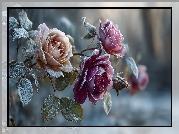 Róże, Oszronione, Kwiaty, Grafika AI