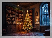 Pokój, Regały, Książki, Choinka, Boże Narodzenie, Okno, Grafika AI