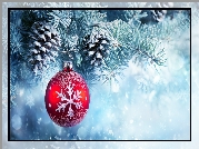 Boże Narodzenie, Drzewka, Świerk, Bombki, Szyszki, Śnieg