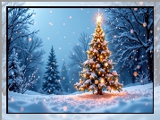 Choinka, Drzewa, Śnieg, Boże Narodzenie, Grafika AI