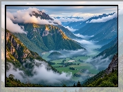 Góry, Chmury, Opadająca, Mgła, Dolina, Domy, Drzewa