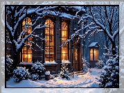 Dom, Biblioteka, Światło, Zima, Drzewa, Grafika AI