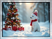 Boże Narodzenie, Zima, Pies, Biały, Szczeniak, Prezenty, Choinka