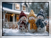 Trzy, Bałwanki, Kolorowe, Czapki, Szaliki, Zima, Grafika AI