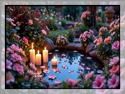 Ogród, Oczko wodne, Różowe, Kwiaty, Płonące, Świece