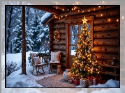 Zima, Śnieg, Dom, Taras, Udekorowana, Choinka, Prezenty, Wieniec, Krzesła, Drzewa, Boże Narodzenie, Grafika AI