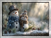 Dwa, Bałwanki, Kapelusze, Szaliki, Gałązki, Szyszki, Grafika AI