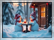 Zima, Śnieg, Dwa, Bałwanki, Czapki, Szaliki, Stolik, Świeca, Dom, AI