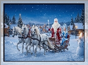 Zima, Mikołaj, Śnieżynka, Sanie, Trzy, Białe, Konie