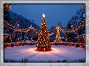 Zima, Choinka, Lodowisko, Światełka, Prezenty, Boże Narodzenie