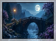 Góry, Rzeka, Most, Noc, Księżyc, Drzewa, Latarnia